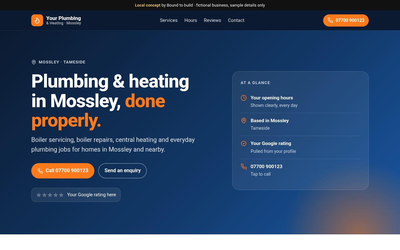 Mossley plumber concept: example homepage design