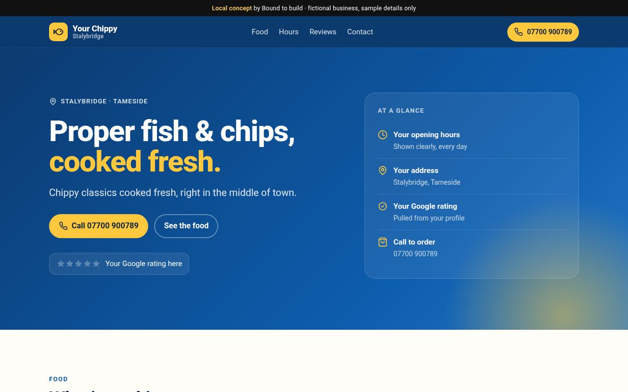 Stalybridge chippy concept: example homepage design