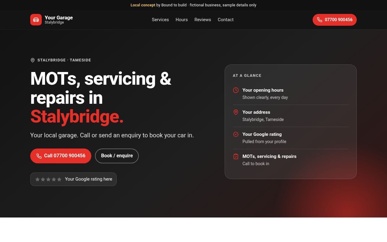 Stalybridge MOT garage concept: example homepage design